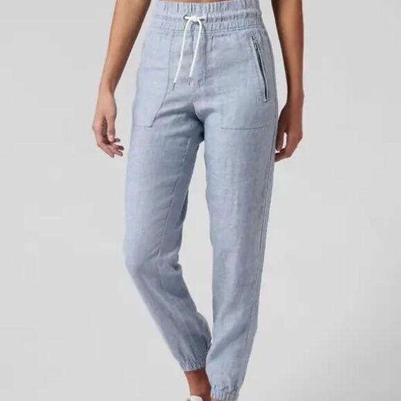 Athleta NWOT Cabo Blue Chambray Linen Joggers Sz 0 - Picture 1 of 9